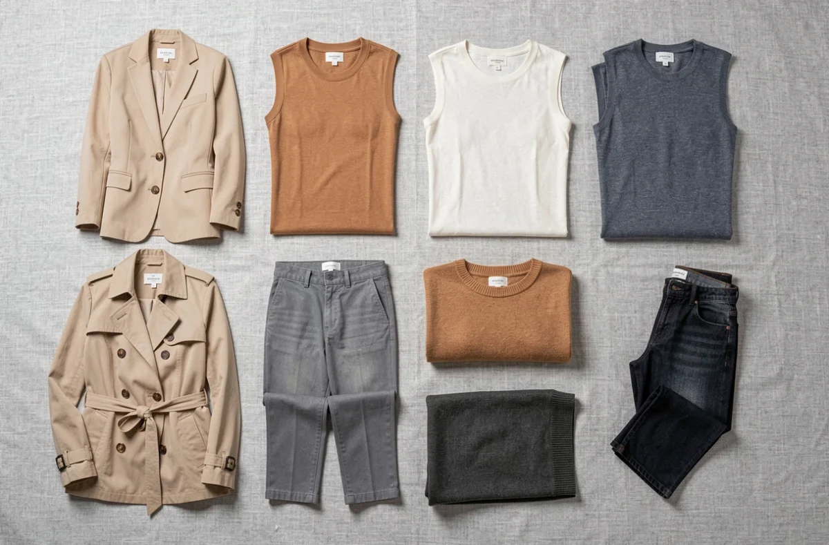 Flat lay d'une garde-robe capsule avec dix pièces essentielles en couleurs neutres disposées en grille