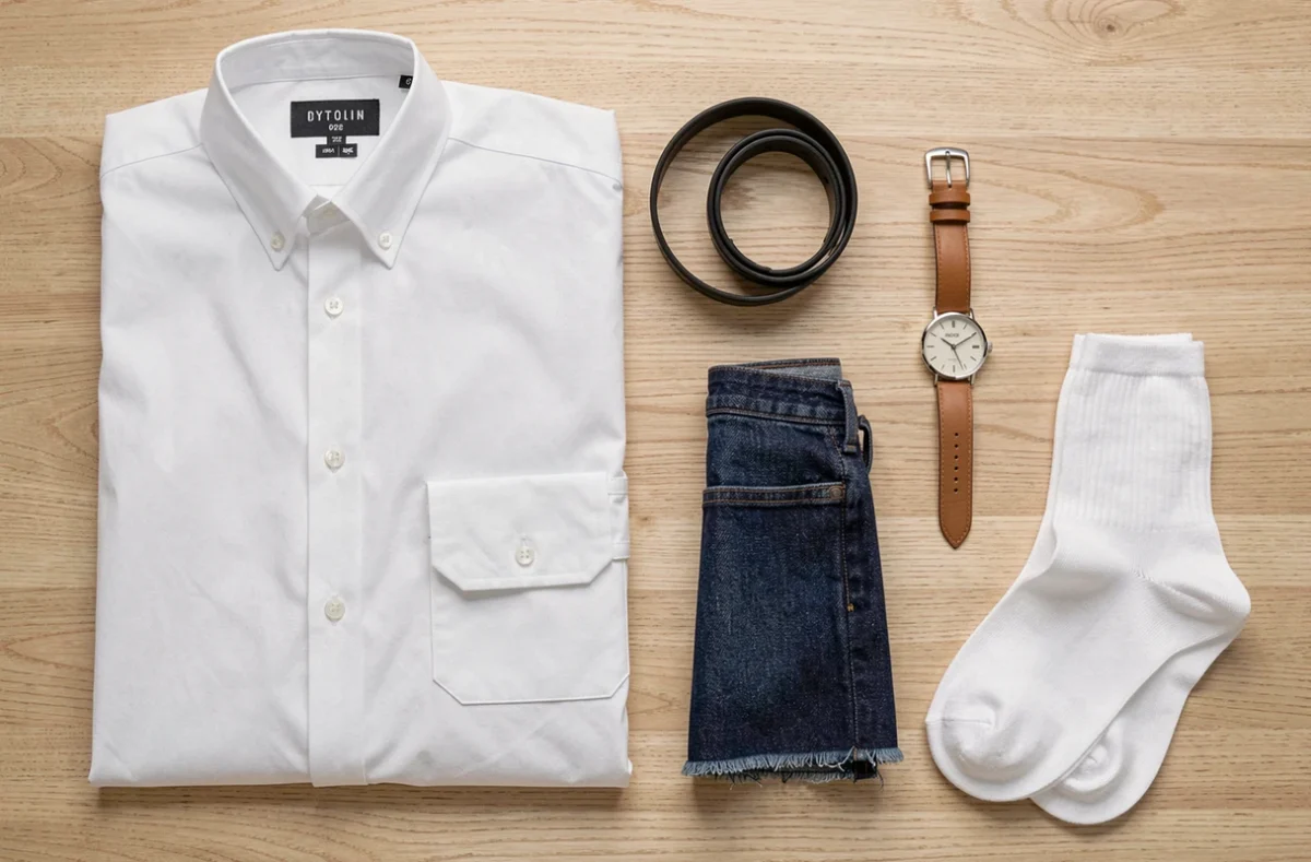 Flat lay minimaliste d'essentiels de garde-robe capsule sur fond en bois clair avec chemise blanche, denim indigo et montre analogique