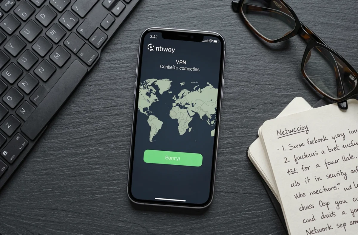 Vue de dessus d'un smartphone affichant une interface VPN connectée, entouré d'un clavier et d'un carnet, symbolisant la confidentialité et la sécurité des données numériques