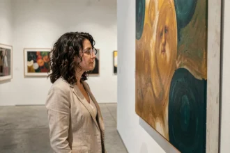 Femme dans une galerie d'art contemporain observant une grande peinture abstraite aux tons ocre et bleu profond