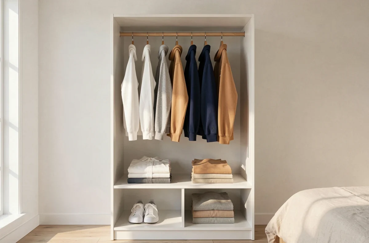 Garde-robe minimaliste avec collection capsule de vêtements neutres soigneusement organisés, illustrant le concept de simplicité vestimentaire