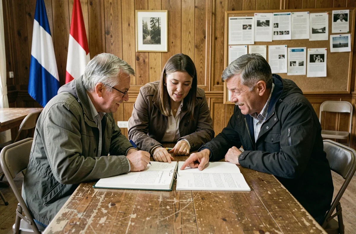 Groupe de citoyens rédigeant collectivement un cahier de doléances dans une salle de mairie