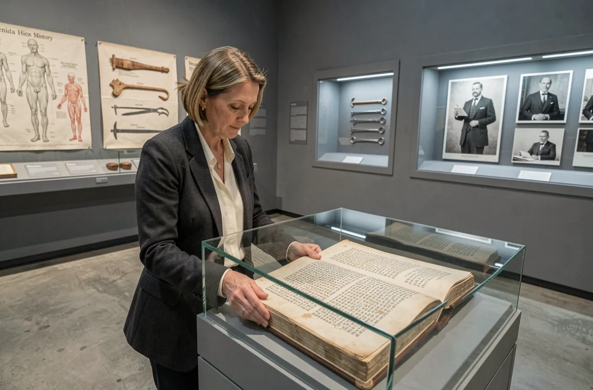 Historienne en blazer gris examinant un manuscrit médical ancien dans un musée consacré à l'histoire de la médecine