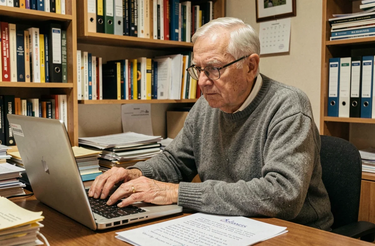 Homme âgé rédigeant un cahier de doléances sur ordinateur portable dans un bureau à domicile