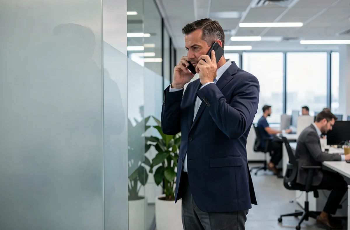 Homme d'affaires préservant sa confidentialité lors d'un appel téléphonique dans un espace de bureau ouvert