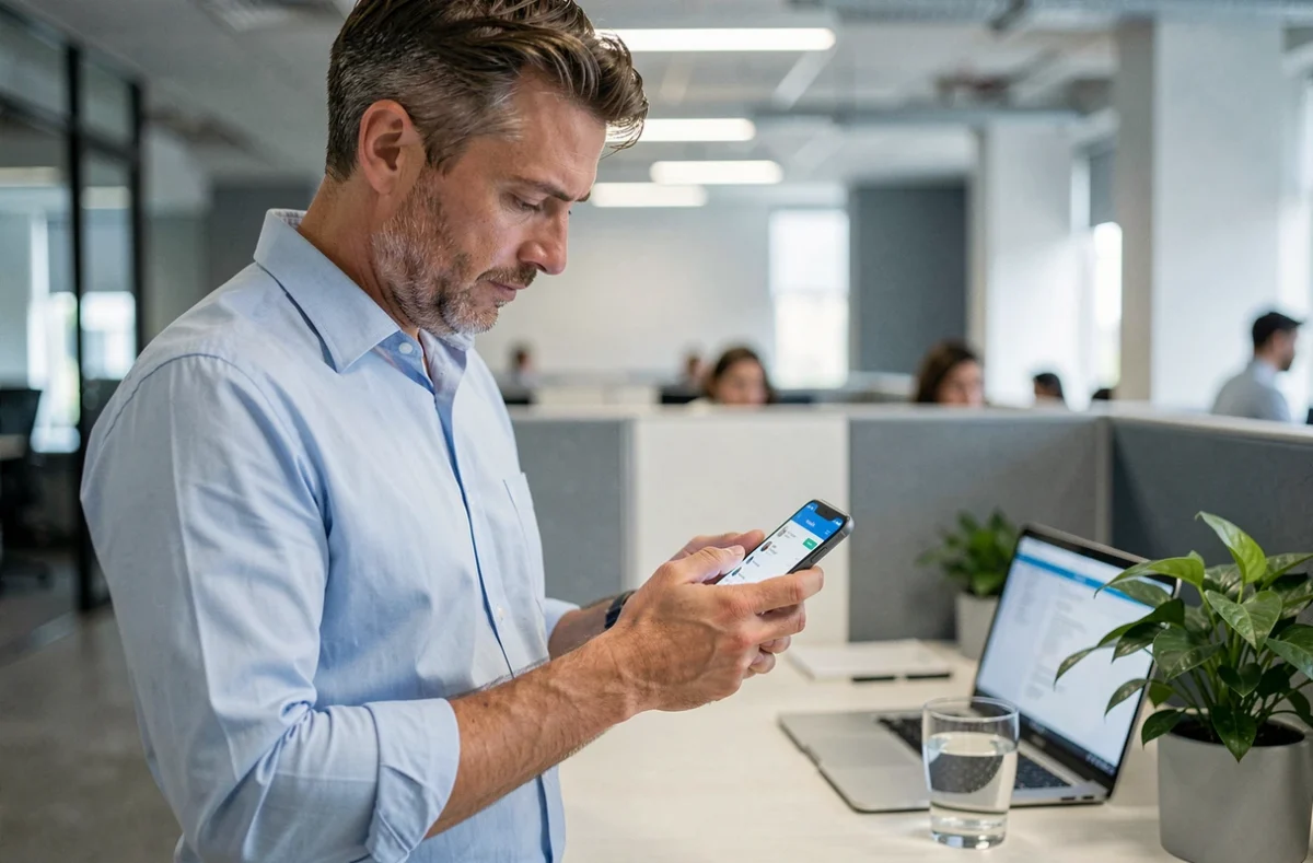 Homme vérifiant son application bancaire au bureau pour gérer les frais de partage