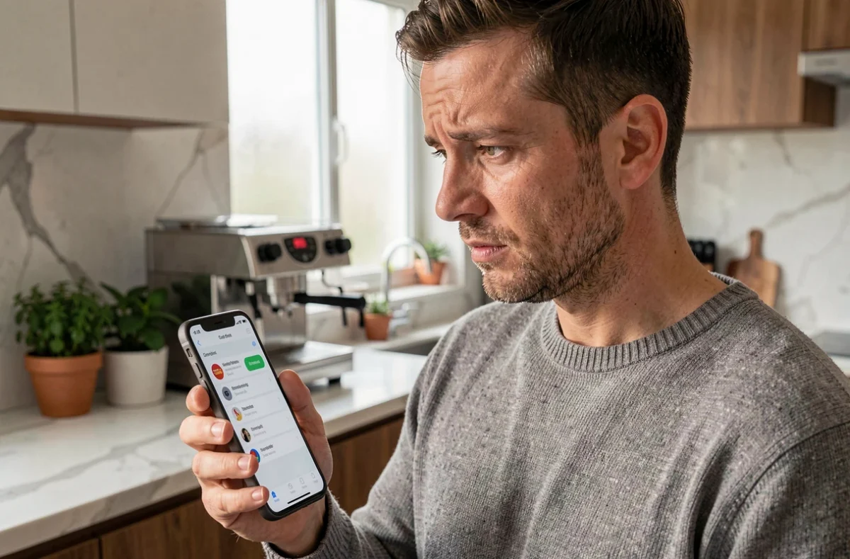 Homme consultant une application de surveillance de crédit sur smartphone dans une cuisine moderne