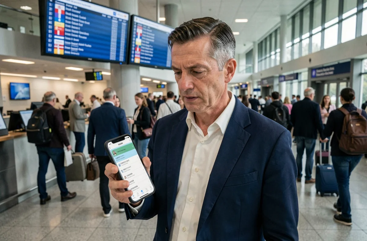 Homme utilisant une application de traduction automatique sur smartphone dans un aéroport international