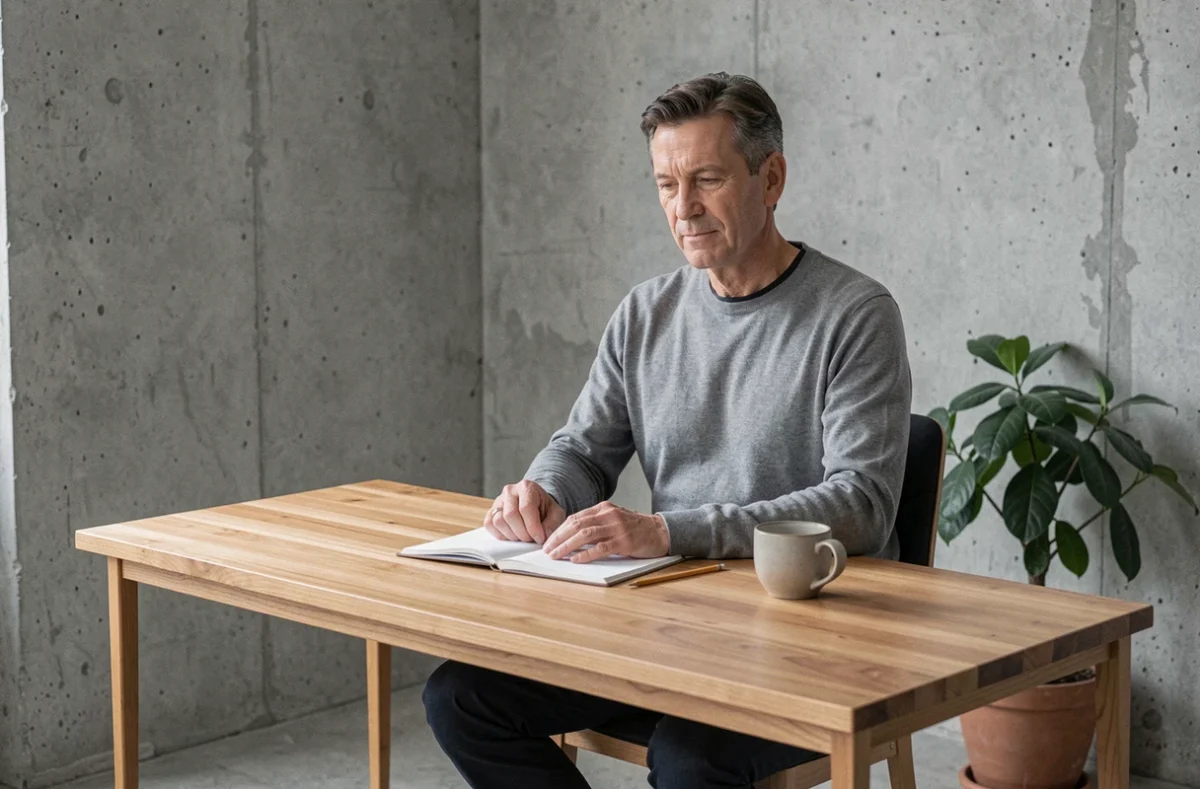 Homme concentré dans un bureau minimaliste avec bureau en bois vide et murs en béton, symbolisant la clarté mentale et la simplicité