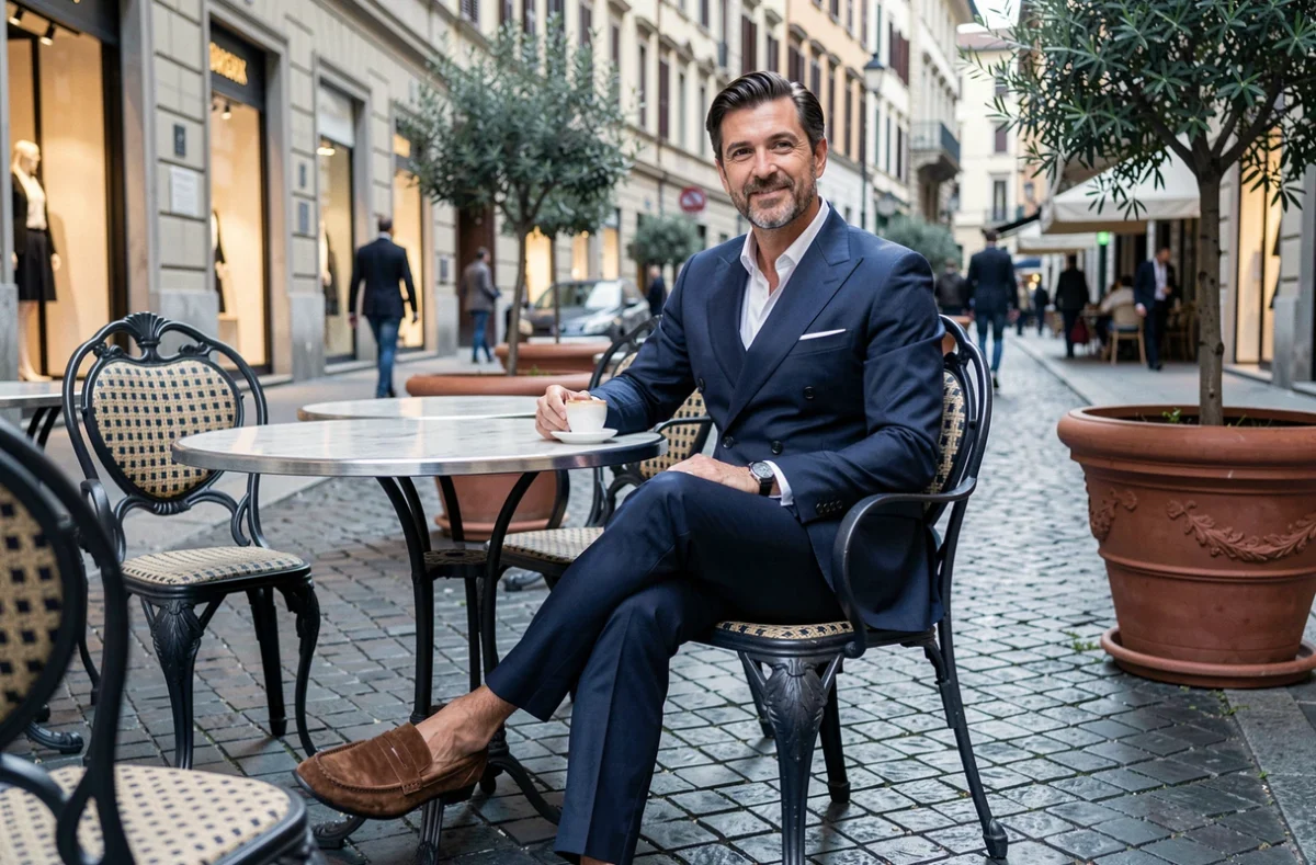 Homme italien en costume marine élégant attablé à une terrasse de café à Milan, représentant le style et la mode italienne