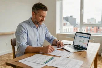 Homme consultant des documents immobiliers et un ordinateur portable pour estimer le bon moment pour revendre son appartement
