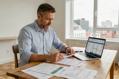 Homme consultant des documents immobiliers et un ordinateur portable pour estimer le bon moment pour revendre son appartement