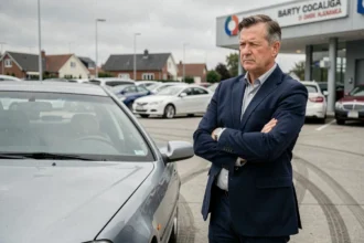 Homme évaluant une voiture d'occasion dans un parking de concessionnaire automobile pour faire un bon investissement