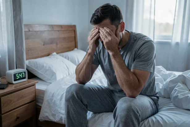 Homme fatigué assis au bord de son lit tôt le matin, se frottant les yeux avec une expression d'épuisement et de confusion