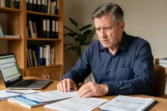 Homme inquiet consultant des documents financiers sur son bureau à domicile, illustrant les risques liés à l'épargne
