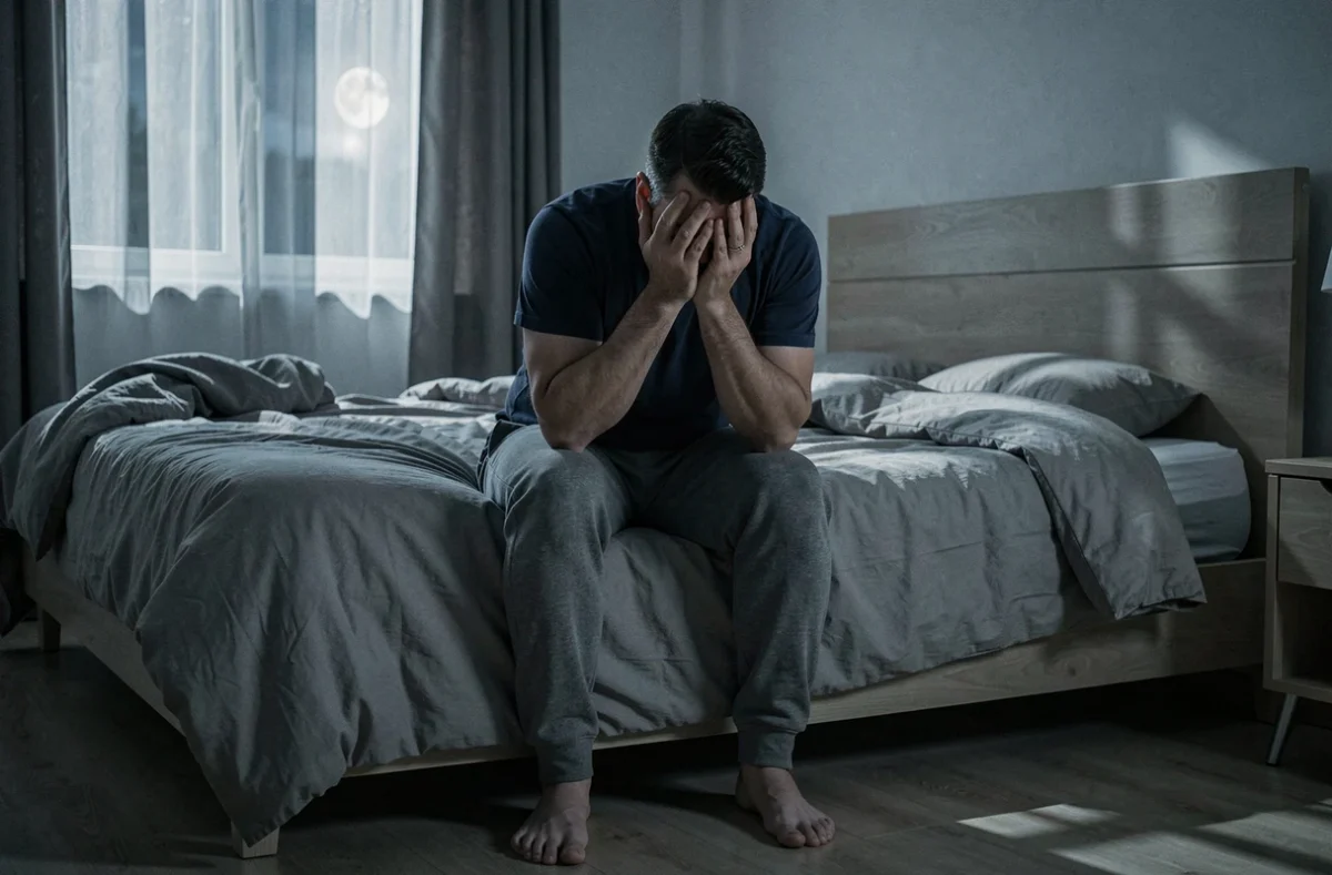 Homme assis au bord du lit la nuit, tête dans les mains, souffrant d'insomnie