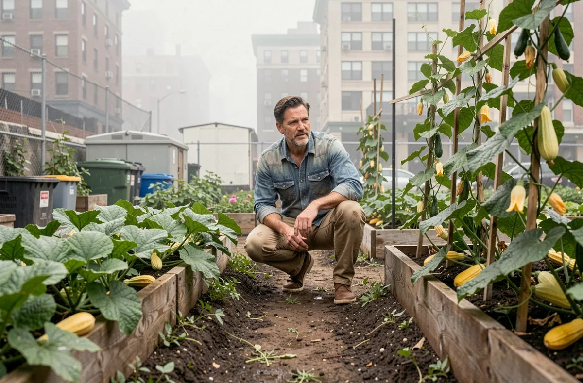 Homme cultivant des légumes dans un jardin communautaire urbain, symbole d'une alimentation locale et durable