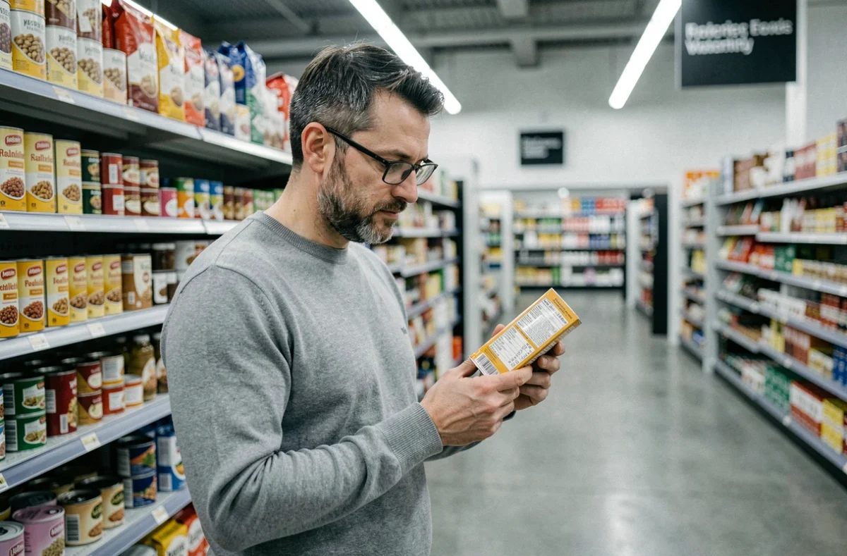 Homme lisant attentivement l'étiquette d'un produit alimentaire dans un supermarché, illustrant une approche consciente de l'alimentation intuitive