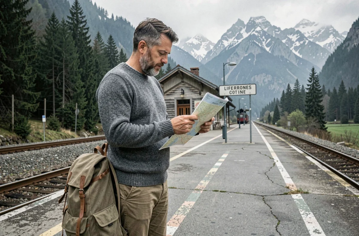 Un homme consulte une carte papier sur un quai de train de montagne isolé, illustrant l'esprit d'exploration lente et consciente du slow travel