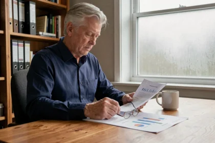 Un homme de 55 ans examine des documents financiers sur une rente à 100 000 euros dans un bureau à domicile
