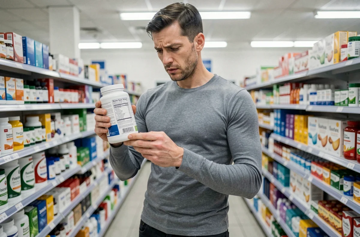 Homme maigre lisant une étiquette de complément nutritionnel dans une pharmacie, recherchant des solutions à la sous-alimentation