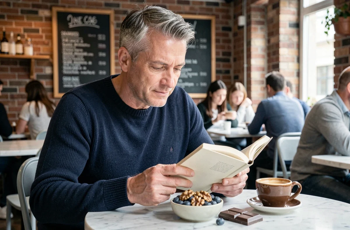 Homme au café avec un bol de noix, myrtilles et chocolat noir, superaliments pour le cerveau