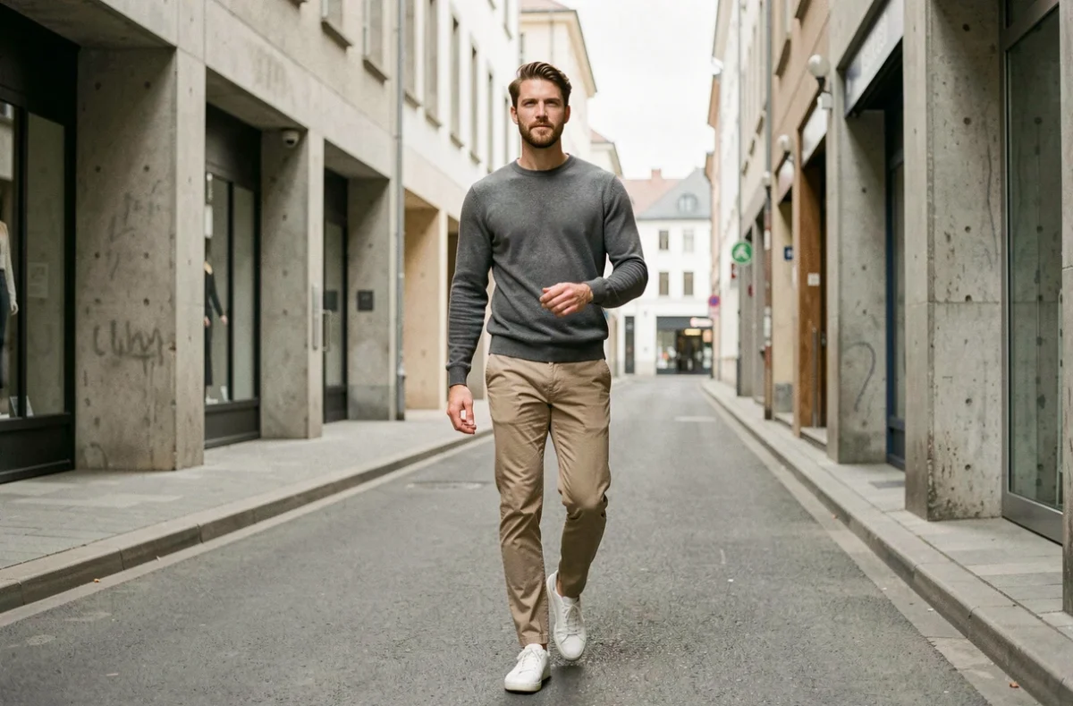 Homme en pull gris et chino beige marchant dans une rue urbaine au style architectural minimaliste