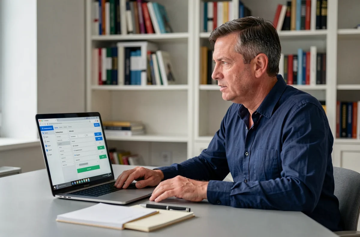Homme consultant l'application de traduction Translate Go sur ordinateur portable dans un bureau à domicile