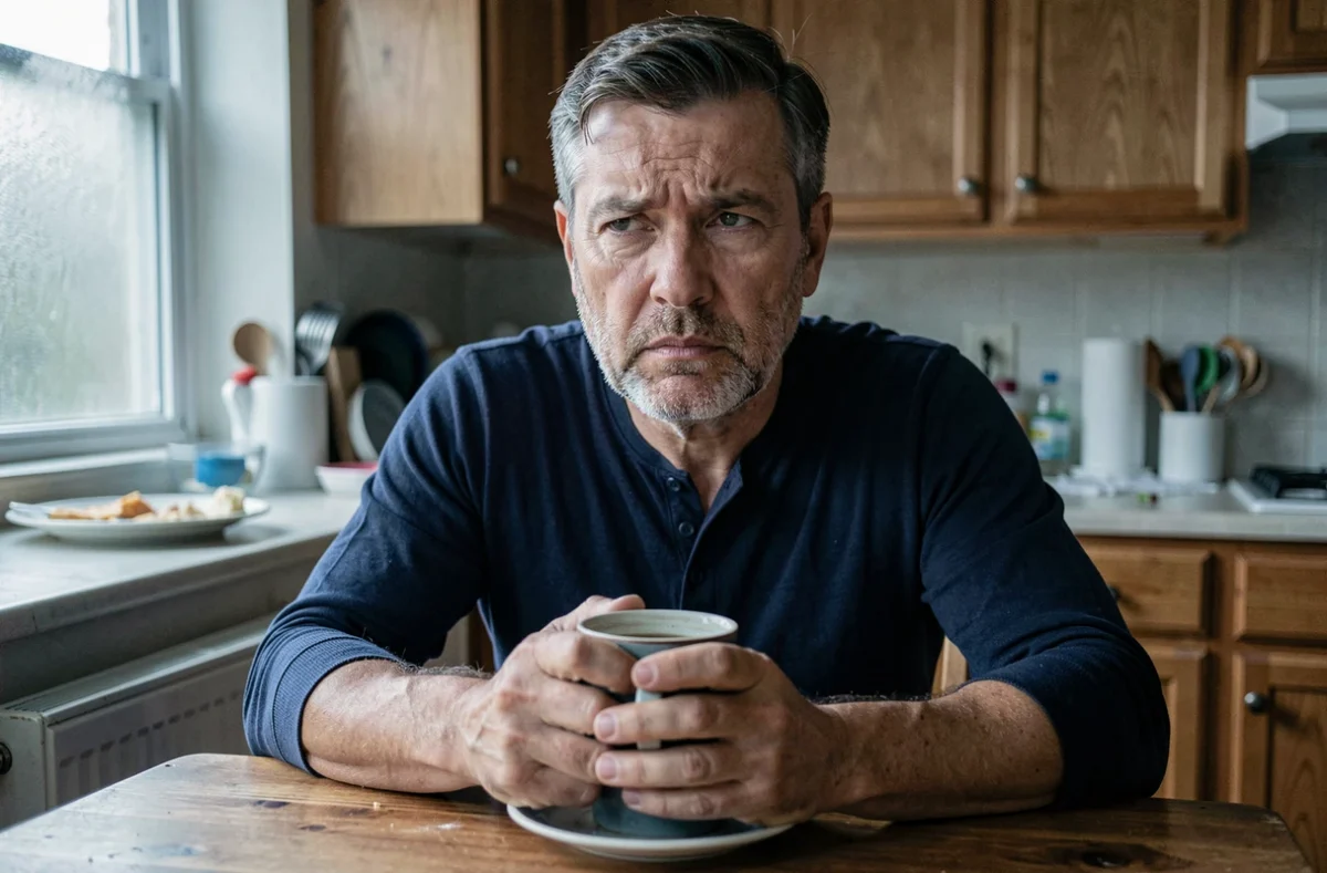 Homme d'âge moyen assis à une table de cuisine, regard perdu dans le vide, illustrant les symptômes dissociatifs d'un traumatisme psychologique