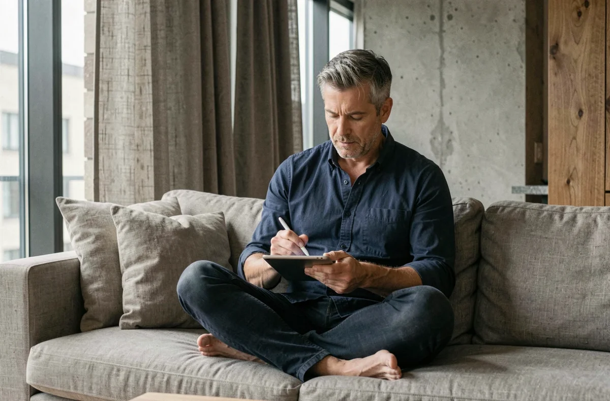 Homme travaillant depuis chez lui sur une tablette assis sur un canapé en lin dans un appartement moderne