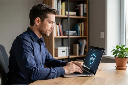 Un homme utilisant un VPN sur son ordinateur portable dans un bureau à domicile moderne, illustrant la confidentialité numérique avec NordVPN