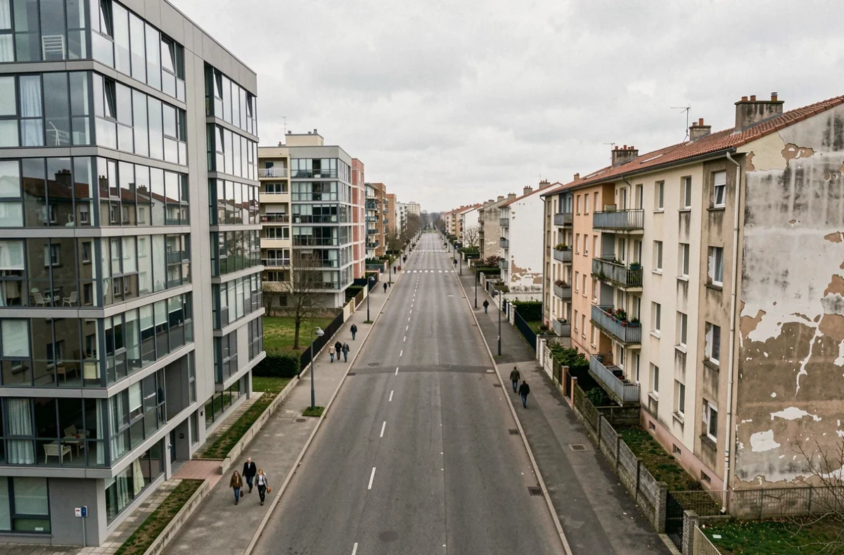 Vue urbaine d'un quartier français montrant le contraste architectural entre logements sociaux et immeubles modernes