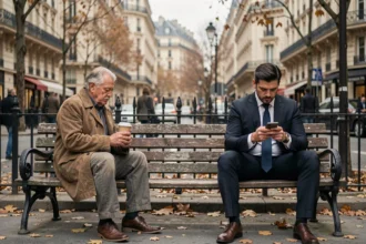 Deux hommes aux statuts sociaux opposés assis sur un banc parisien, illustrant les inégalités sociales en France