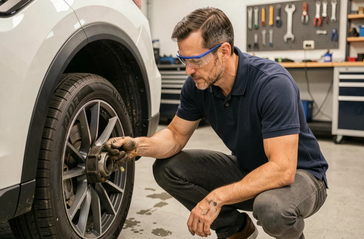 Ingénieur inspectant le système de freinage régénératif d'un SUV hybride dans un garage