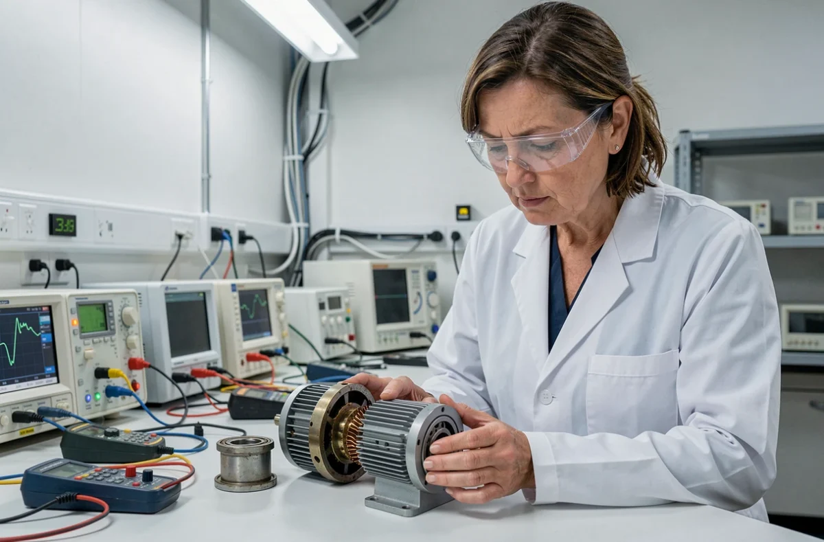Ingénieure examinant un moteur électrique industriel démonté dans un laboratoire de recherche et développement