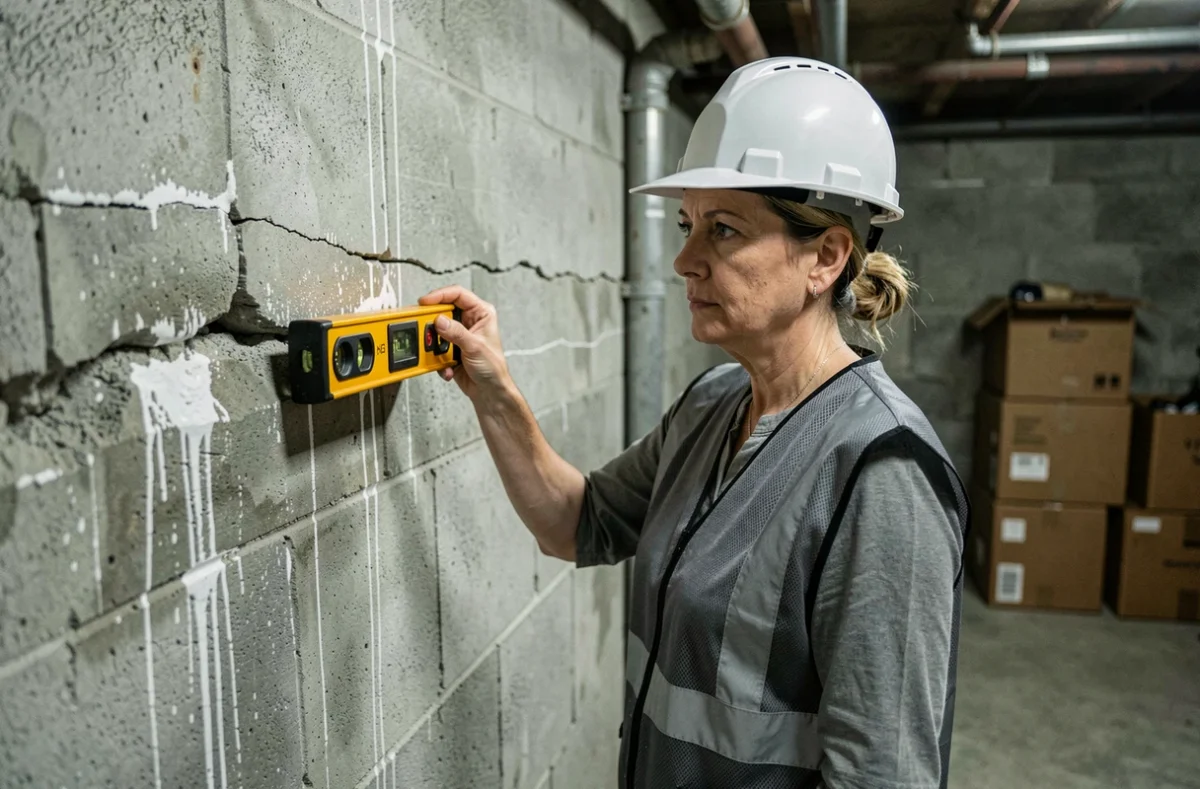 Ingénieure en structure mesurant le gauchissement d'un mur de sous-sol fissuré dans une maison affaissée