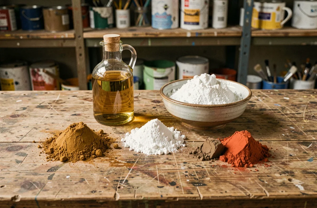 Ingrédients bruts de la peinture disposés sur un établi en bois : huile de lin, pigments naturels en poudre, carbonate de calcium et dioxyde de titane