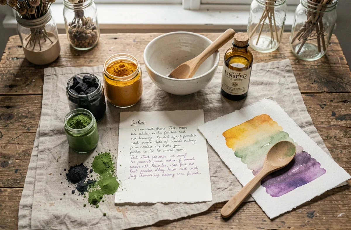 Vue de dessus des ingrédients naturels et outils pour fabriquer sa propre peinture naturelle maison, dont pigments, huile et bols en céramique