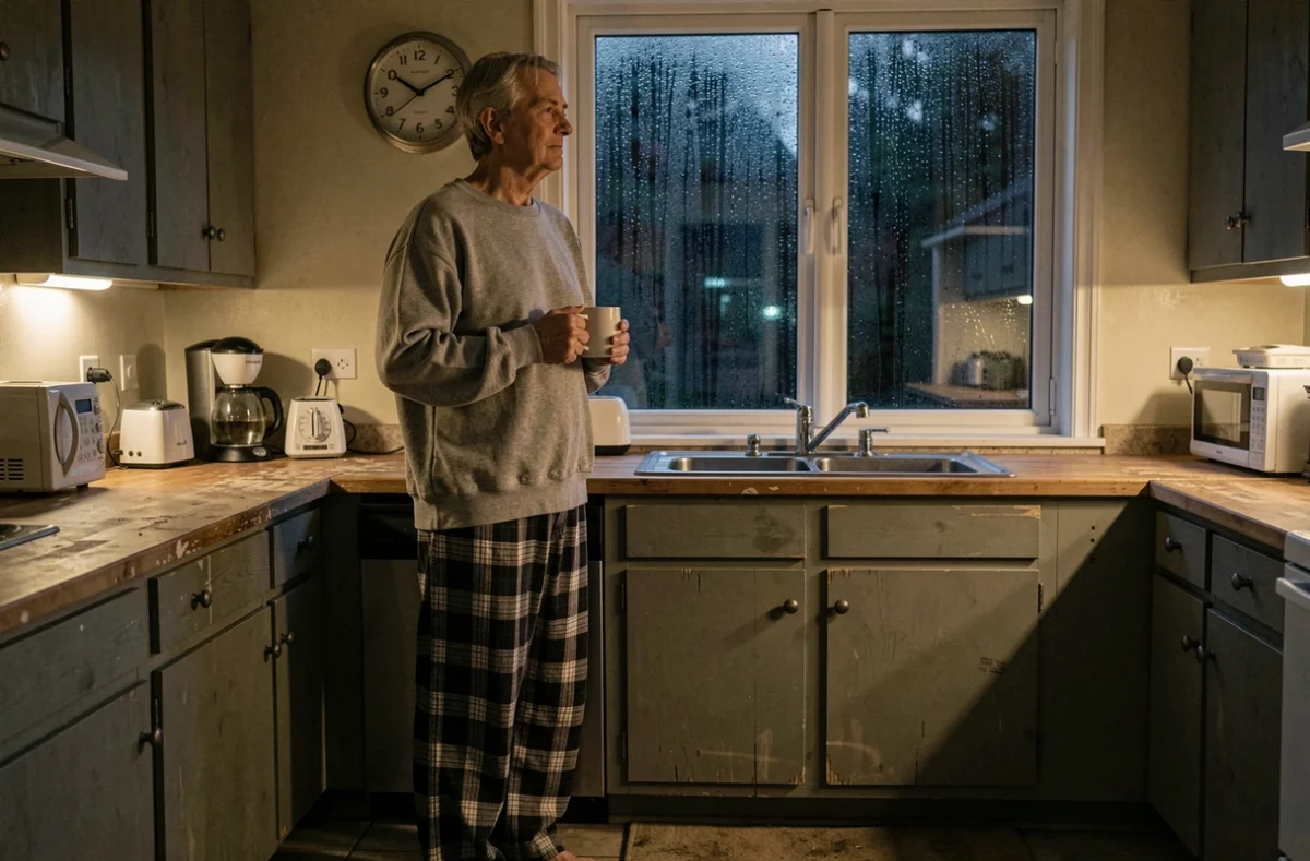 Personne debout dans une cuisine la nuit tenant une tasse, regardant par la fenêtre sous la pluie en cas d'insomnie