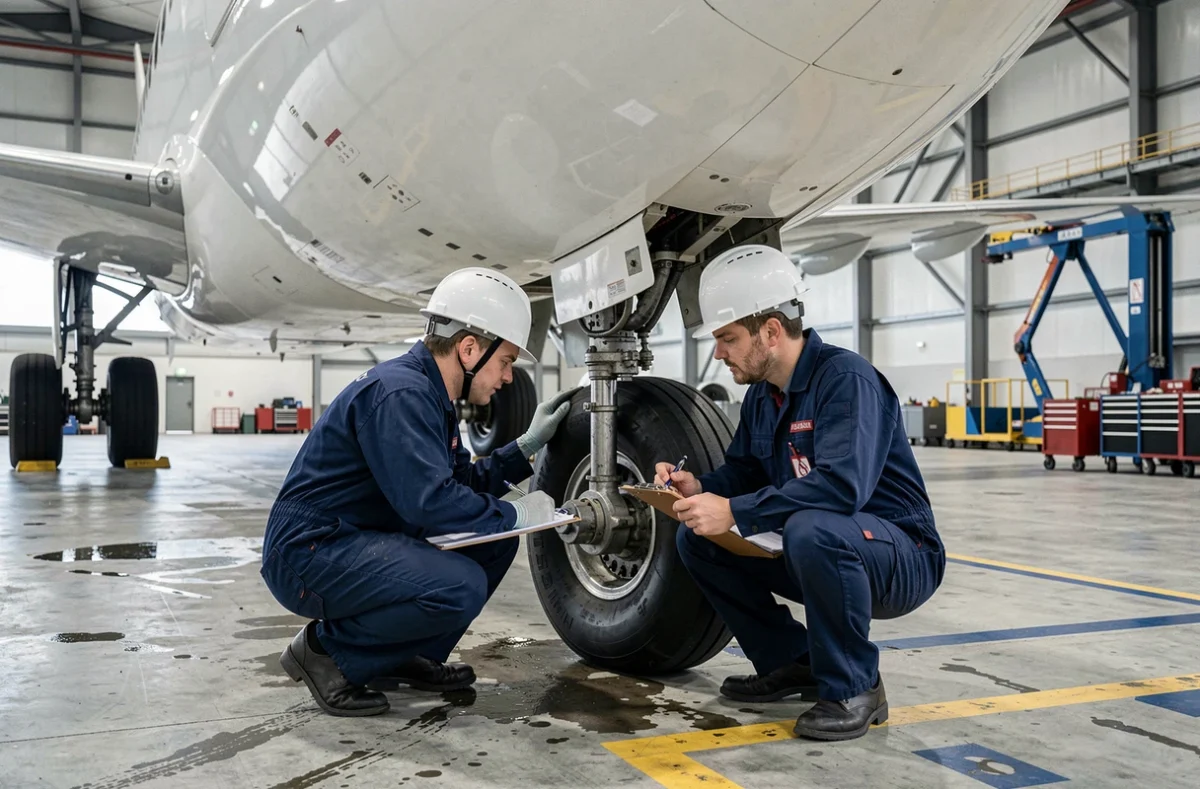 Ingénieurs en maintenance inspectant le train d'atterrissage d'un avion de ligne dans un hangar aéronautique
