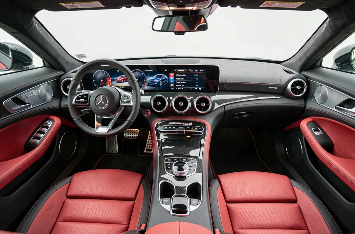 Vue intérieure complète d'une Mercedes-AMG GT montrant le bouton AMG Dynamics sur la console centrale et le tableau de bord numérique