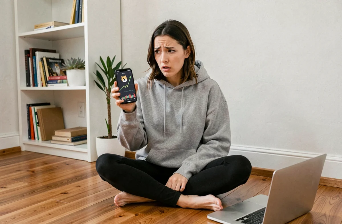 Jeune investisseuse particulière consultant le cours du Dogecoin sur son smartphone depuis son domicile