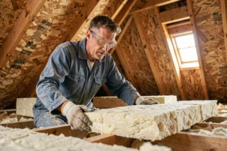 Artisan posant de la laine minérale en rouleaux sur le plancher d'un grenier lors de travaux d'isolation thermique
