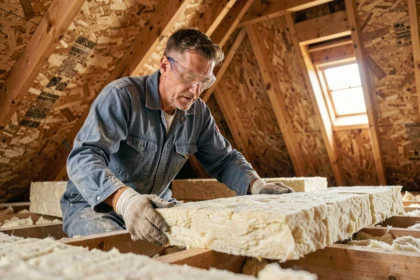 Artisan posant de la laine minérale en rouleaux sur le plancher d'un grenier lors de travaux d'isolation thermique