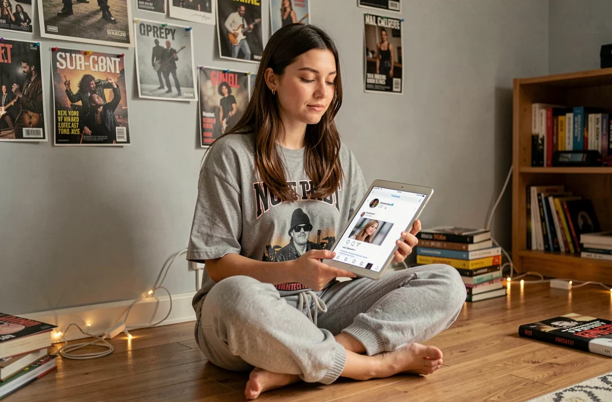 Jeune femme dans sa chambre entourée d'affiches de stars, naviguant sur les réseaux sociaux d'une célébrité sur tablette