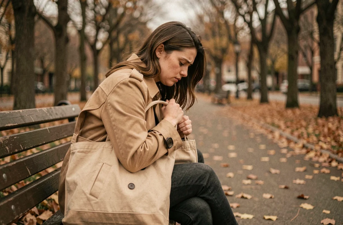 Jeune femme assise sur un banc de parc en automne, posture repliée sur elle-même, évoquant un état de détresse émotionnelle post-traumatique