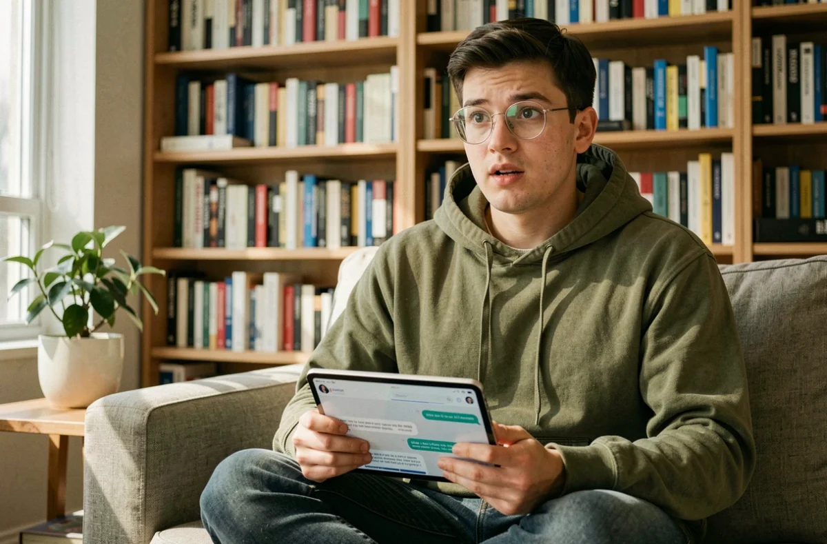 Jeune homme consultant un assistant IA sur une tablette depuis son bureau à domicile entouré de livres techniques, symbolisant l'accessibilité et la curiosité autour des LLM