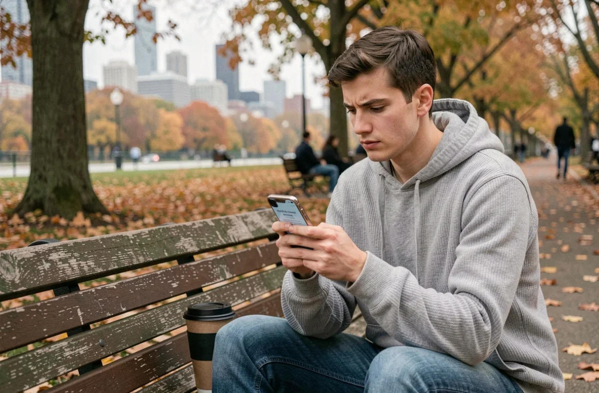 Jeune homme pensif dans un parc urbain consultant son téléphone sur les attentes sociétales et les enjeux citoyens contemporains