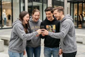 Groupe de jeunes adultes enthousiastes regardant un smartphone ensemble, passionnés par leurs stars préférées en milieu urbain