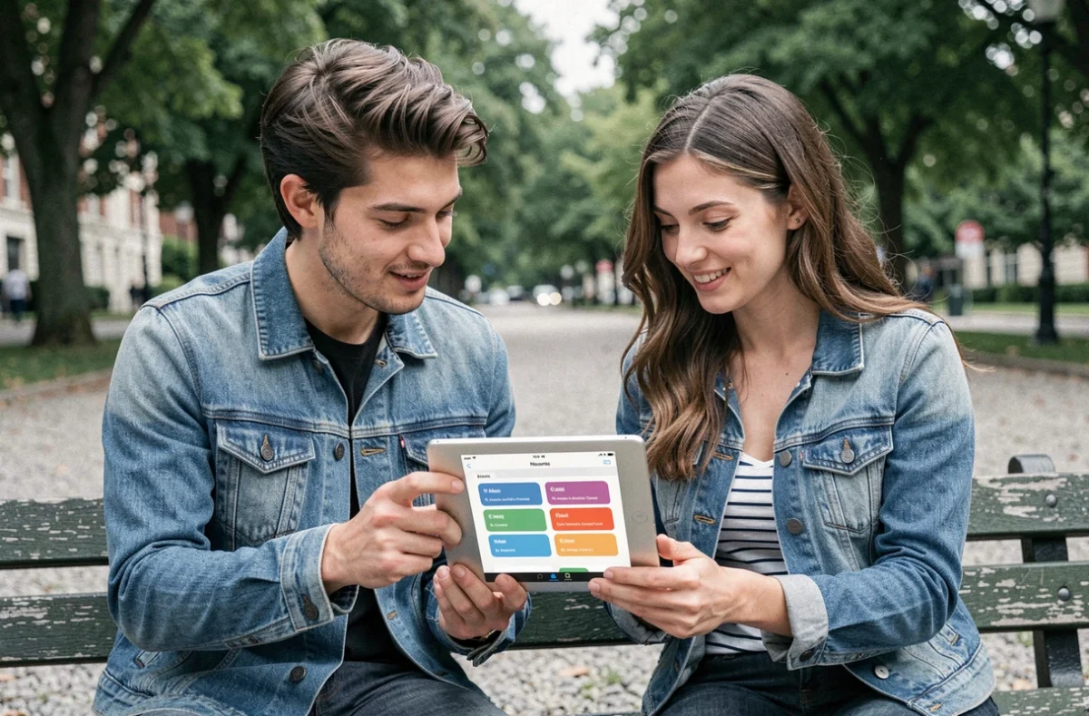 Deux jeunes adultes comparant les fonctionnalités gratuites et payantes de Translate Go sur une tablette dans un parc